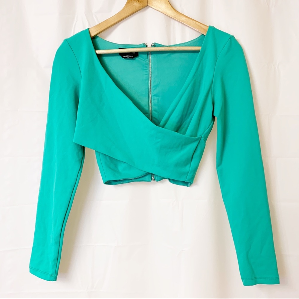 Bebe Mint Green Crossover Crop Top Long Sleeve